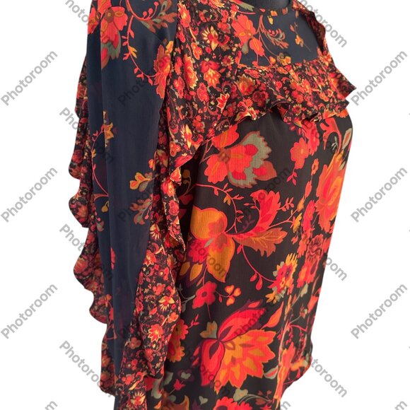 Loft Small Black & Red Floral Long Sleeve Sheer Lined Blouse - Picture 2 of 5